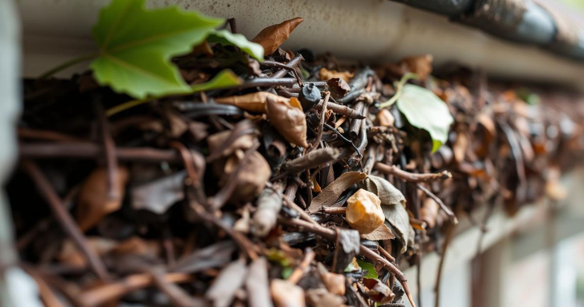 Clogged gutter filled with leaves and debris