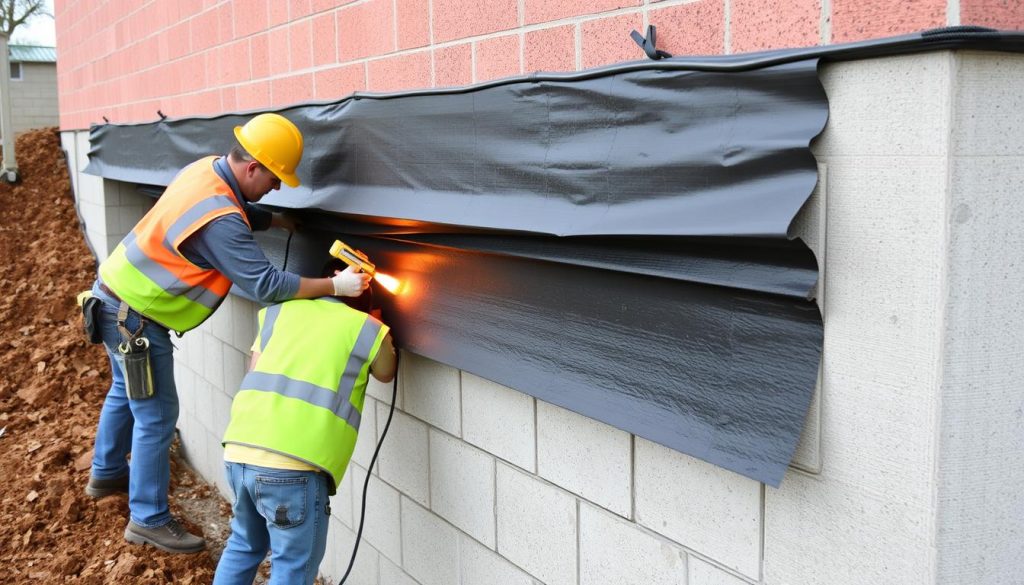 Installation of bituminous membrane on concrete foundation