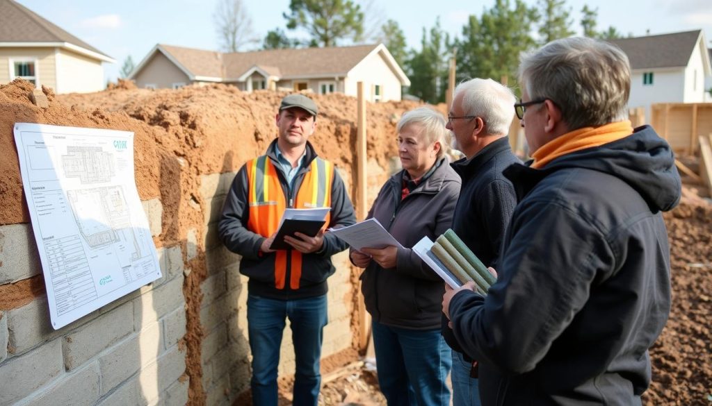 Professional waterproofing consultant discussing optons with homeowners