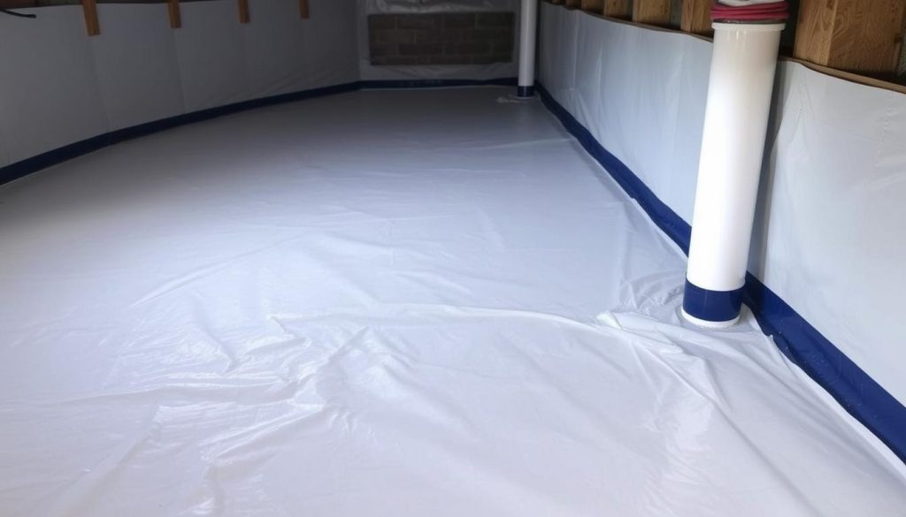 Properly installed vapor barrier with sealed seams and wall extensions 
