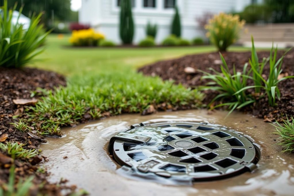Surface drain with decorative grate installed in a residential landscape