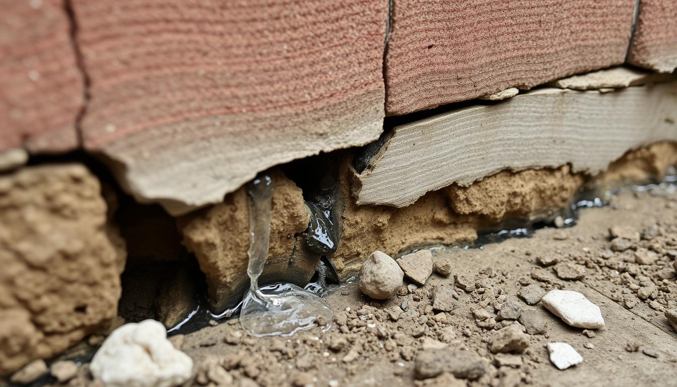 Water damage to a home foundation showing the importance of types of waterproofing for homeowners during construction